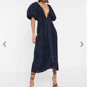 ASOS EDITION plunge puff sleeve midi dress in micro pleat